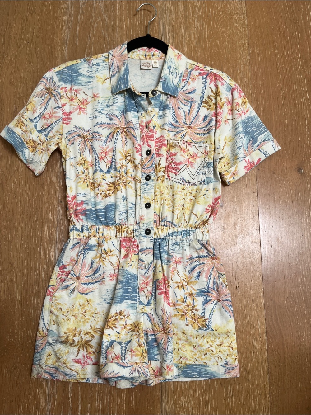 Wrangler Tropical Palm-Print Short Sleeve Romper in Blue, Yellow & Pink
